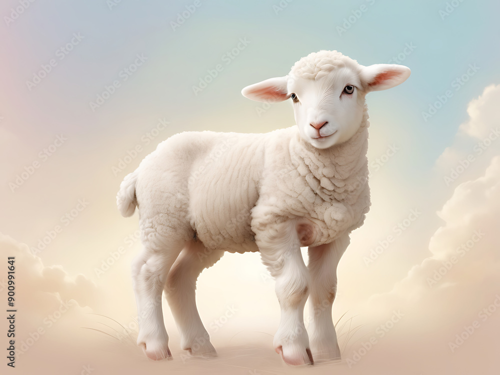 Fototapeta premium A peaceful digital illustration of the Lamb of God, symbolizing Jesus' purity and sacrifice, with soft hues and serene background, with space for text.