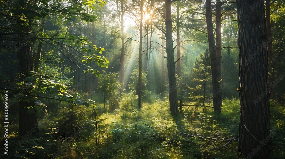 Fototapeta premium Observing the sunlight filtering through the trees in a forest surrounded by a natural landscape of terrestrial plants trunks twigs grass and various shades of wood : Generative AI
