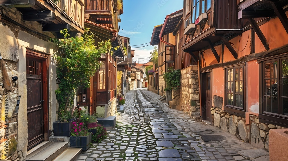 Fototapeta premium Traditional street in the old town of Sozopol Bulgaria : Generative AI