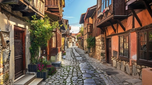 Traditional street in the old town of Sozopol Bulgaria : Generative AI