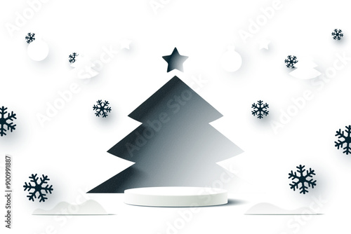 Abstract 3d white cylinder pedestal podium and paper cut christmas tree background. Minimal winter scene for product display presentation. Vector illustration.