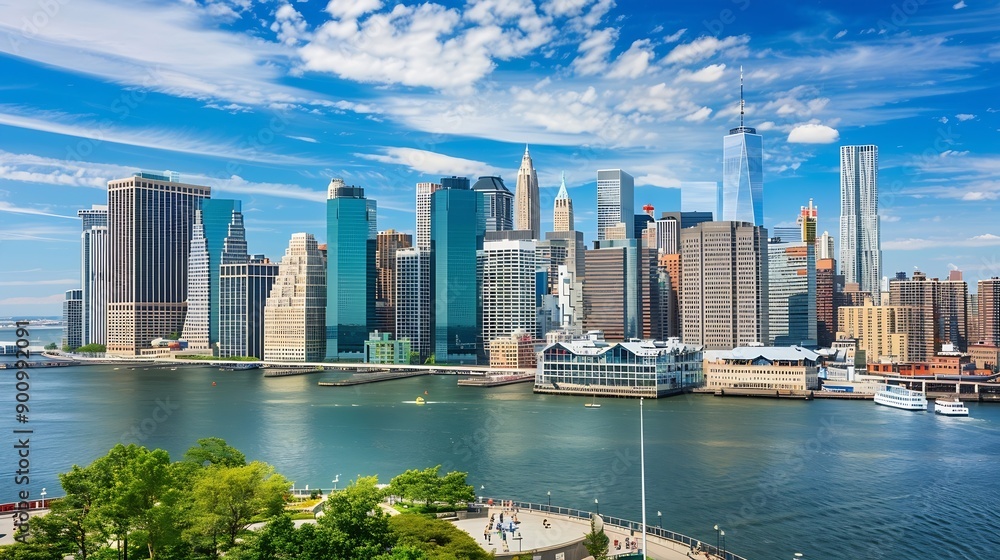 Fototapeta premium Lower Manhattan Skyline view from Outlook Hill on Governors Island New York City : Generative AI