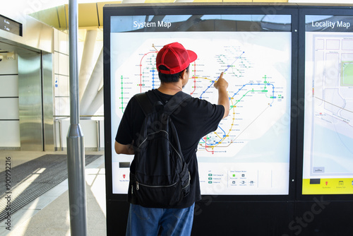 Photography Young Man With Smartphone Pointing Subway Map At Station