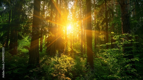 Wallpaper Mural The radiant sun filters through the lush tree branches in the peaceful forest illuminating the natural landscape with a warm glow : Generative AI Torontodigital.ca