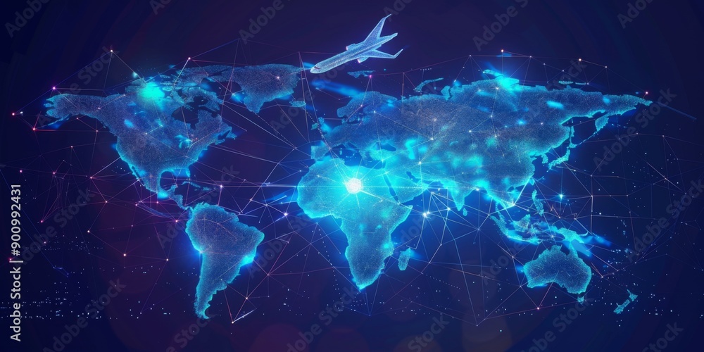 A blue background with a network of lines and dots that resemble a map of the world. The lines and dots are connected to each other, creating a sense of interconnectedness and globalization A blue background with a network of lines and dots that resemble a map of the world. The lines and dots are connected to each other, creating a sense of interconnectedness and globalization