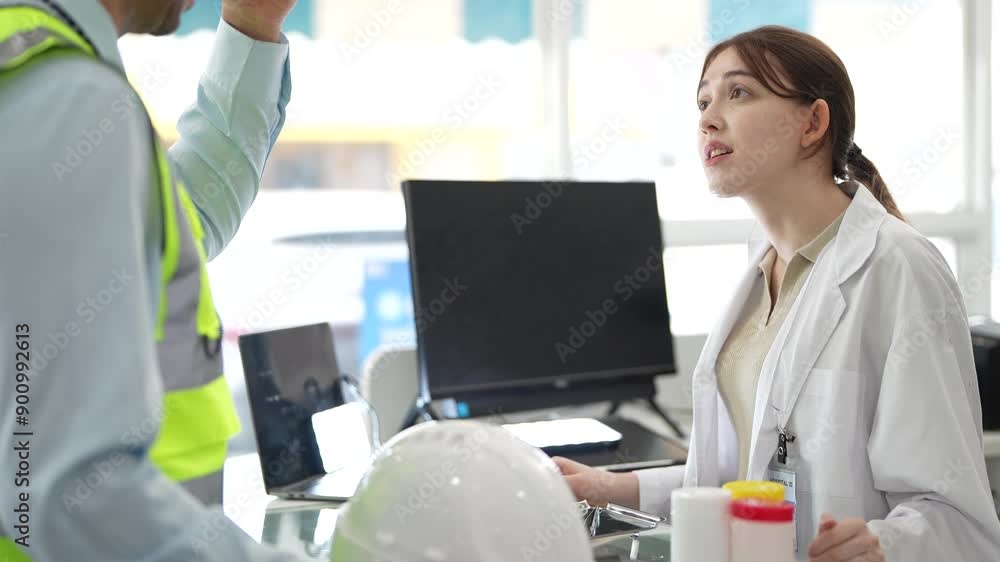 A female pharmacist is talking with a construction worker who needs medicine for pain and discomfort. Pharmacist in a pharmacy with medicines on shelves A female pharmacist is talking with a construction worker who needs medicine for pain and discomfort. Pharmacist in a pharmacy with medicines on shelves