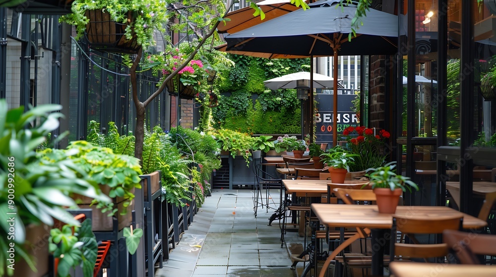Naklejka premium outdoor dining patio with plants and umbrellas to protect from the sun empty no people restaurant outside seating tables chairs shade luxury travel manhattan downtown : Generative AI