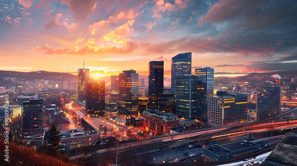 Fototapeta premium Oslo Norway sunrise city skyline at business district and Barcode Project : Generative AI