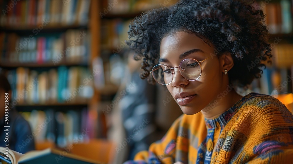 People with glasses reading in a cozy library, diverse frames and vibrant book covers, absorbed in their books People with glasses reading in a cozy library, diverse frames and vibrant book covers, absorbed in their books