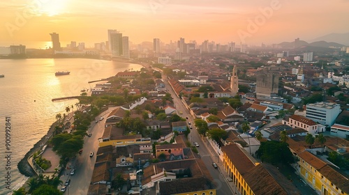 Drone images of Cartagena Colombia from above Bocagrande Centro Historico : Generative AI photo