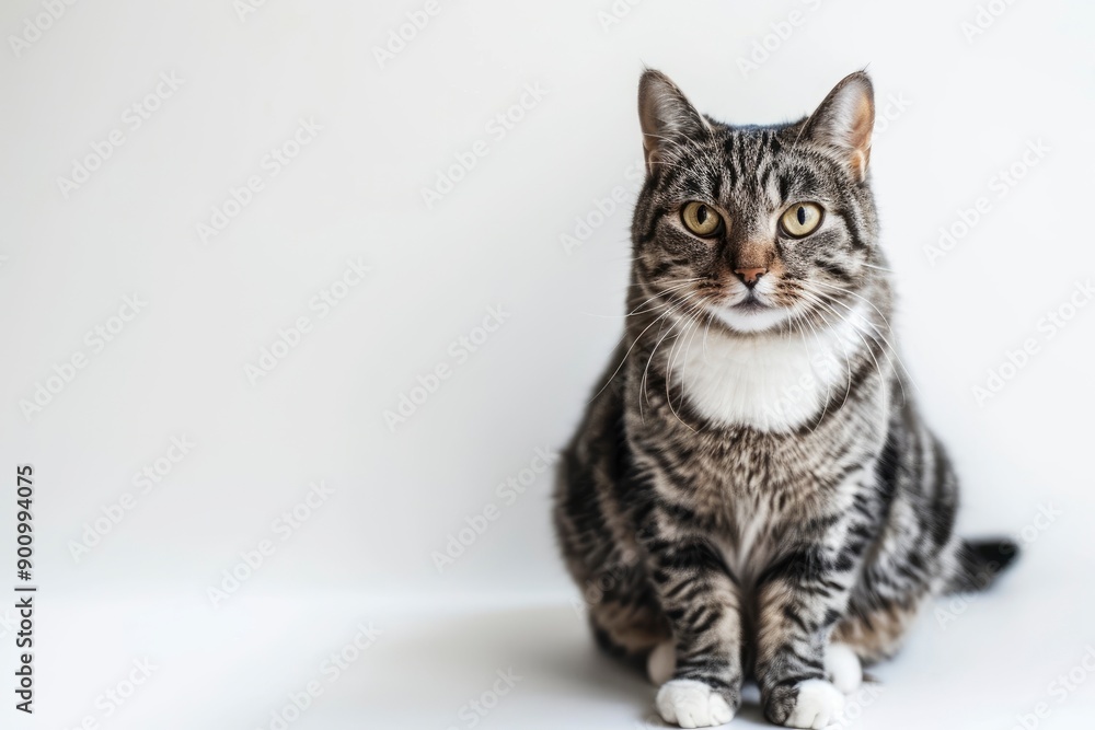 Crossbreed domestic cat sitting and looking at camera on white background, copy space - generative ai Crossbreed domestic cat sitting and looking at camera on white background, copy space - generative ai