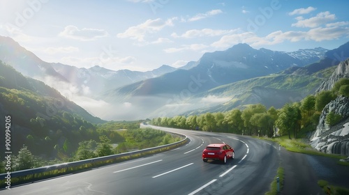 Road landscape with red car in nature scene View of travel by car on mountain road on sunny day Car driving in the beautiful nature of Europe Nature scenery on highway in green mountai : Generative AI