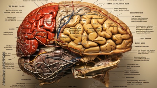 A photo of a human brain with labeled regions for educational purposes