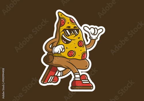 Retro pizza mascot character illustration in running pose