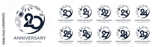 set of 20 to 29th anniversary logotype design, with black color fireworks for celebration event, wedding, and birthday, vector illustration