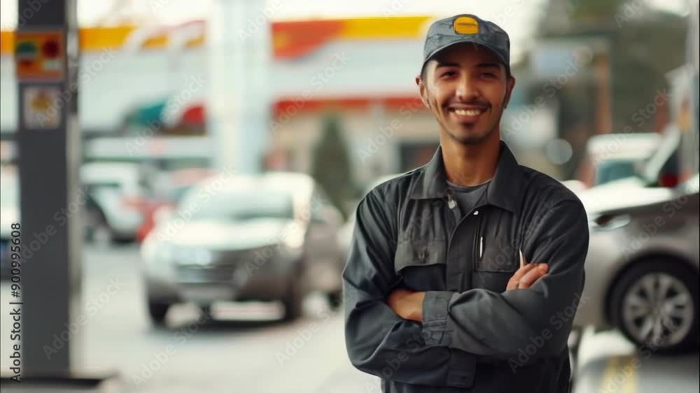 Friendly Auto Mechanic Smiling at Gas Station Friendly Auto Mechanic Smiling at Gas Station