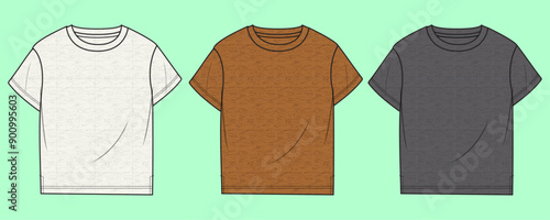Boys slub jersey basic short sleeve crew neck t-shirt flat sketch outline vector fashion illustration template.