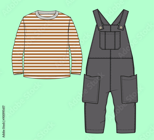 Boys stripe basic short sleeve t-shirt and dungarees flat sketch outline vector fashion illustration template. 