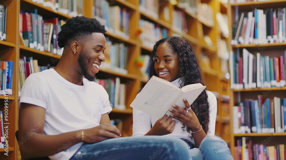 Talking students bonding and library bookshelf on school college and university campus for education learning and religion studying Smile happy man and black woman friends with textboo : Generative AI Talking students bonding and library bookshelf on school college and university campus for education learning and religion studying Smile happy man and black woman friends with textboo : Generative AI