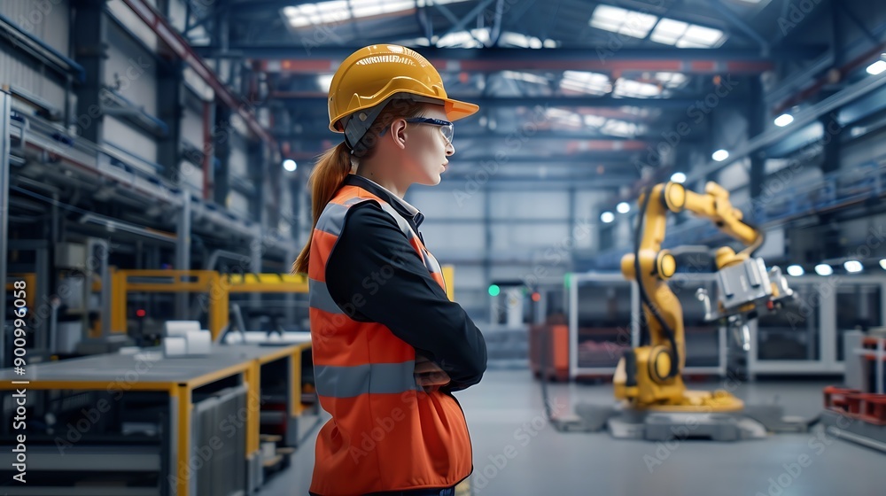 Female project manager standing in modern industrial factory Manufacturing facility with robotics robotic arms and automation Storing products and materials in warehouse : Generative AI Female project manager standing in modern industrial factory Manufacturing facility with robotics robotic arms and automation Storing products and materials in warehouse : Generative AI