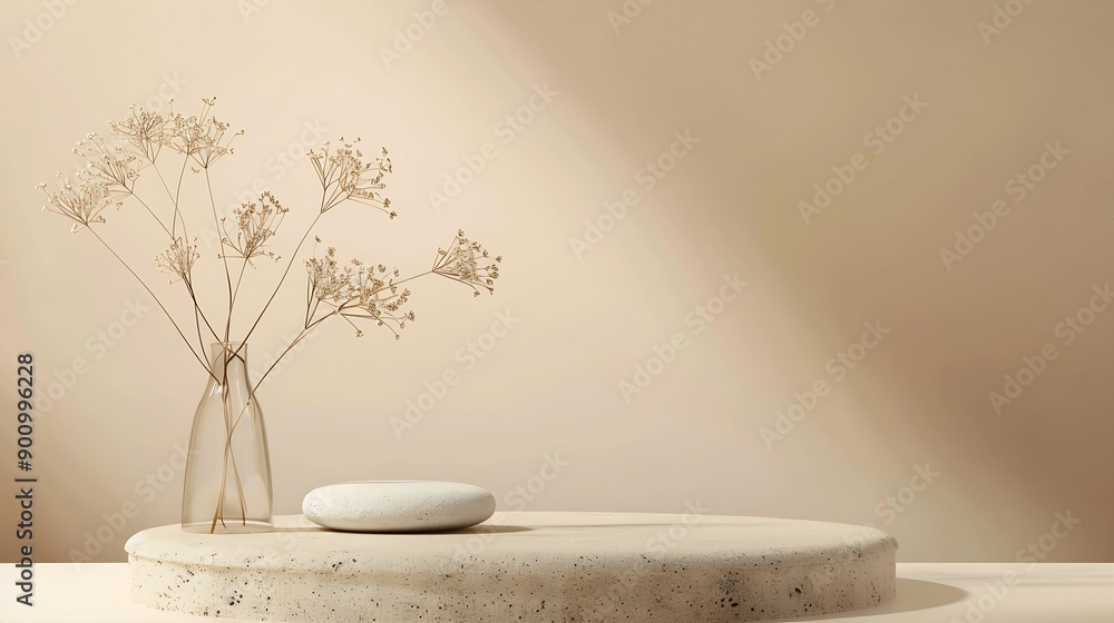 Abstract nature scene Stone podium composition and dry flower on beige brown background for cosmetic beauty product branding perfume skin care and cosmetic backdrop Copy space front vi : Generative AI Abstract nature scene Stone podium composition and dry flower on beige brown background for cosmetic beauty product branding perfume skin care and cosmetic backdrop Copy space front vi : Generative AI