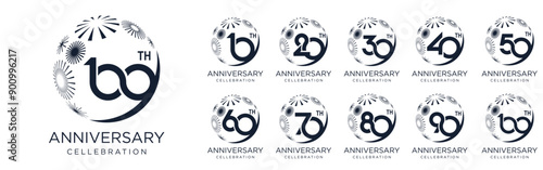 set of 10 to 100th anniversary logotype design, with black color fireworks for celebration event, wedding, and birthday, vector illustration