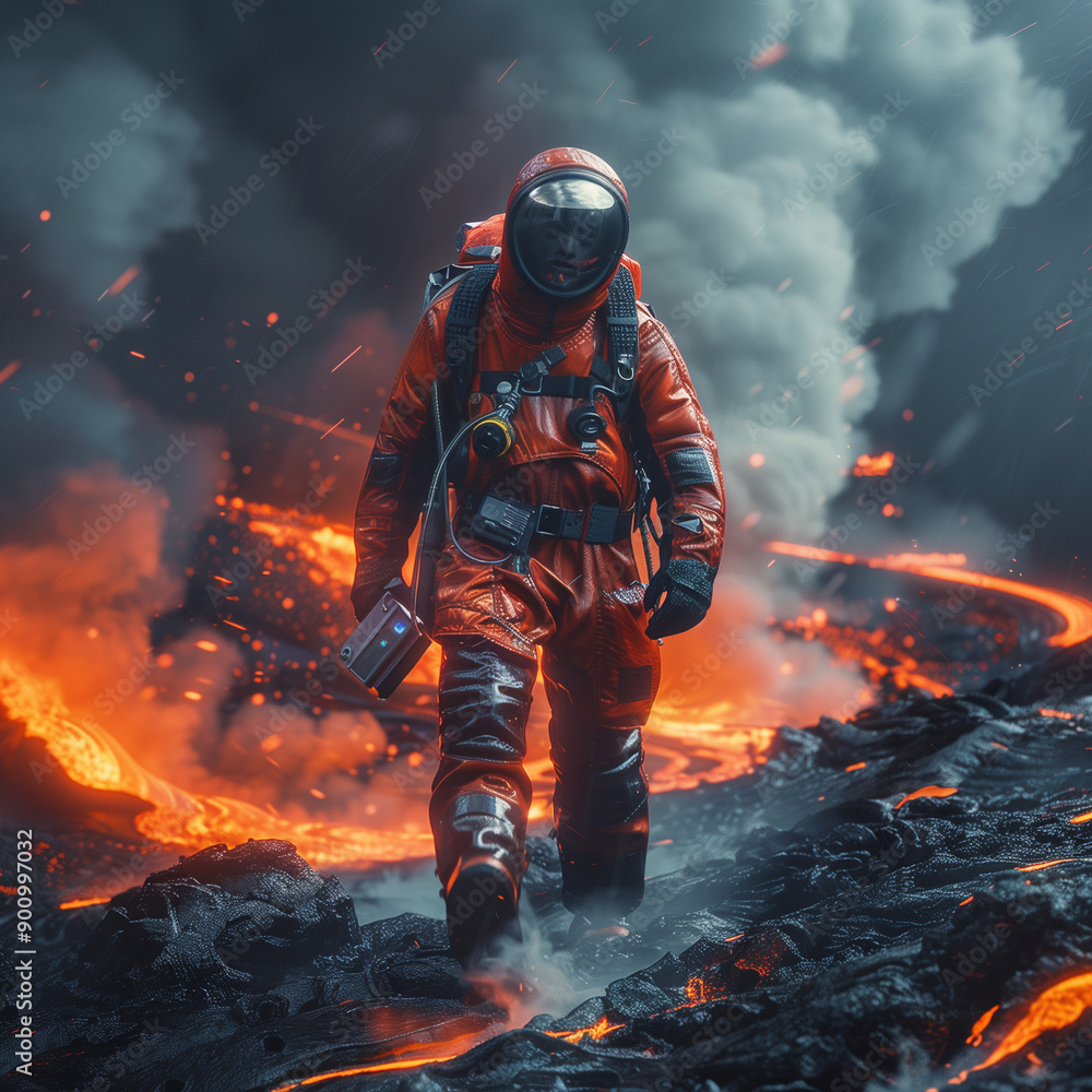 Accurate Visual of a Volcanologist Observing an Active Volcano Accurate Visual of a Volcanologist Observing an Active Volcano