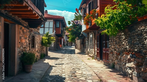 Traditional street in the old town of Sozopol Bulgaria : Generative AI