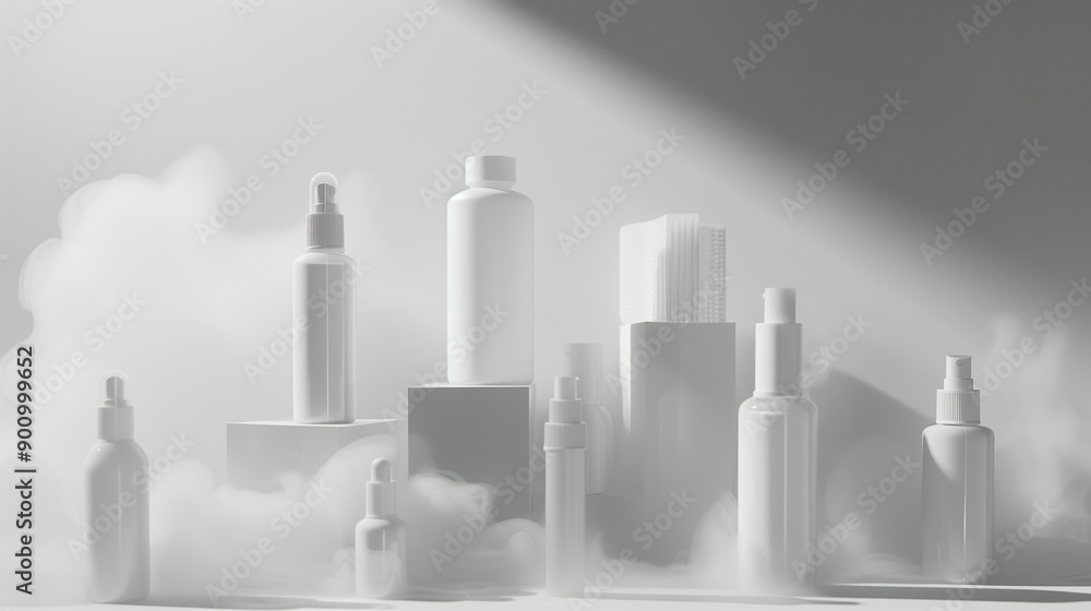 High Fashion Editorial Shoot of Minimalistic Nordic Skincare Bottles in White and Transparent Plastic, Featuring Fog, Studio Lighting High Fashion Editorial Shoot of Minimalistic Nordic Skincare Bottles in White and Transparent Plastic, Featuring Fog, Studio Lighting