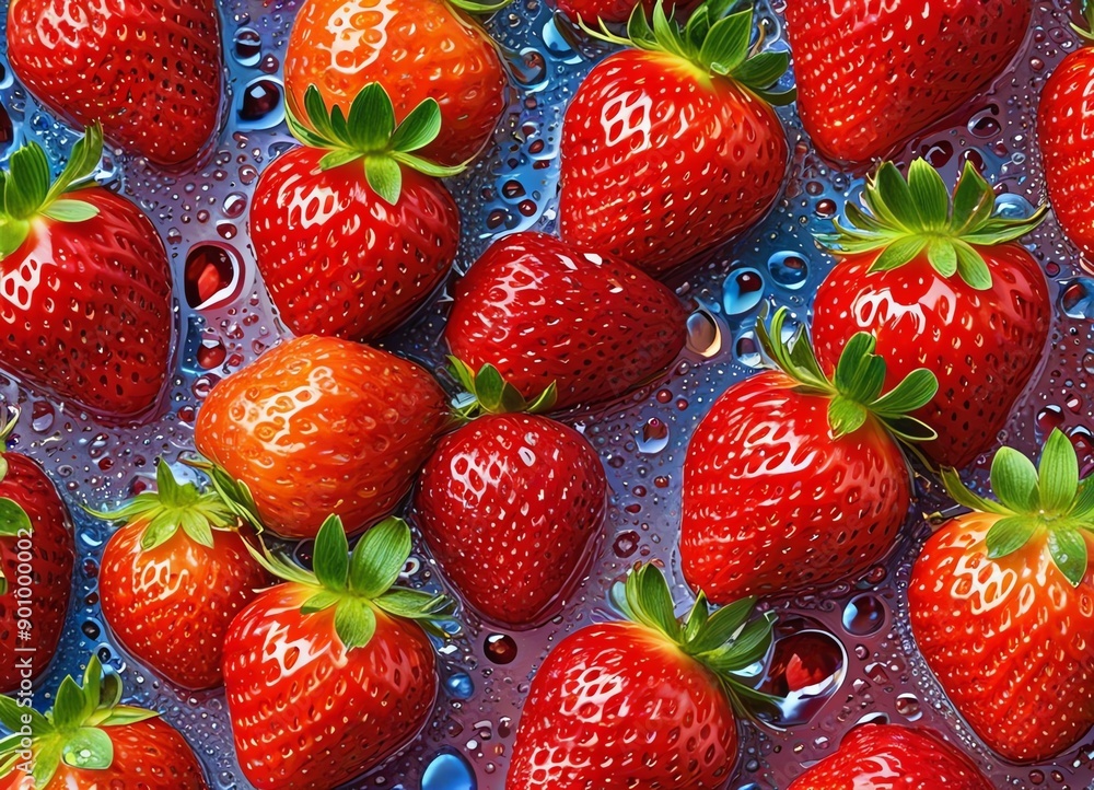 A close-up image of strawberries which are glossy with droplets of water on their surfaces A close-up image of strawberries which are glossy with droplets of water on their surfaces
