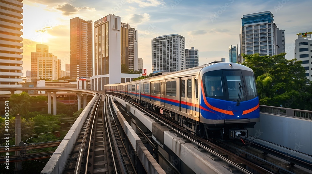 BTS Skytrain Electric train running on the way with business office buildings on the background : Generative AI BTS Skytrain Electric train running on the way with business office buildings on the background : Generative AI