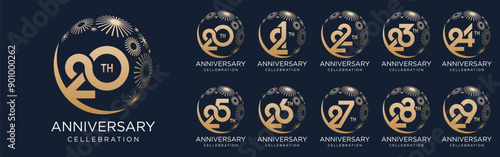 set of 20 to 29th anniversary logotype design, with golden fireworks for celebration event, wedding, and birthday, vector illustration