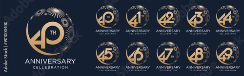 set of 40 to 49th anniversary logotype design, with golden fireworks for celebration event, wedding, and birthday, vector illustration photo