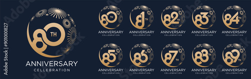 set of 80 to 89th anniversary logotype design, with golden fireworks for celebration event, wedding, and birthday, vector illustration