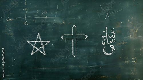 Blackboard with the symbols of the three Abrahamic religions the Jewish Star of David the Christian cross and the Islamic star and crescent drawn in the middle : Generative AI photo