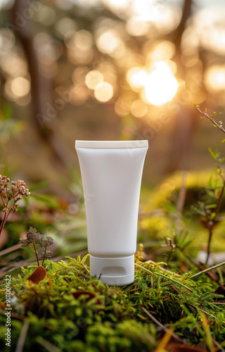 Delicate Cream Tube on Moss-Covered Grass, Whistlerian Style with Mystical Themes, Majestic Environmental Awareness, and Soft Organic Elements photo