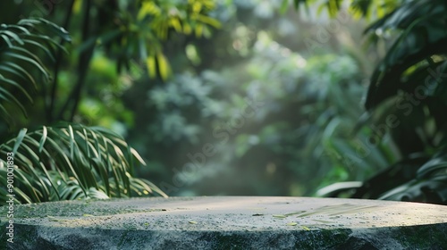 Stone tabletop podium floor in outdoors tropical garden forest blurred green leaf plant nature backgroundNatural product placement pedestal stand displayjungle paradise concept : Generative AI photo