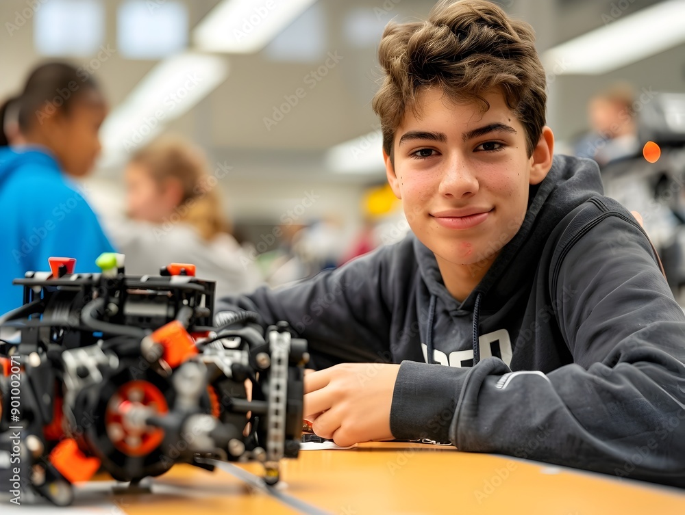 Enthusiastic Student Engaged in Hands on STEM Activity Building a Robot in a Well Equipped Workshop Enthusiastic Student Engaged in Hands on STEM Activity Building a Robot in a Well Equipped Workshop