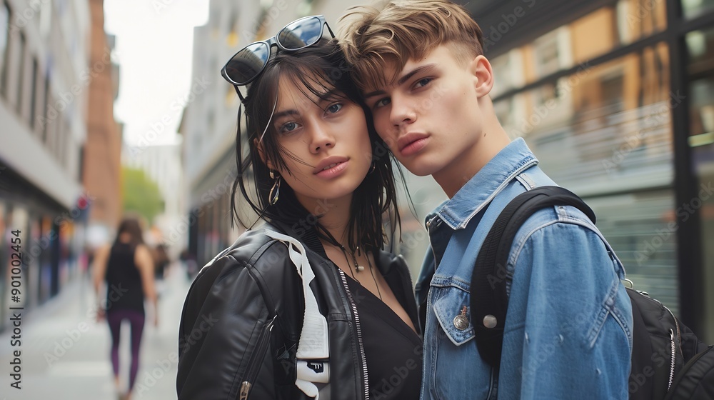 Fototapeta premium City fashion and portrait of model friends outdoor in summer for cool edgy or trendy style together Diversity face or serious with teen man and woman group in urban town for street cul : Generative AI