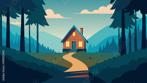 Vector illustration of a house with a thatched roof and a pathway in the middle of a forest