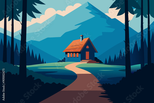Vector illustration of a house with a thatched roof and a pathway in the middle of a forest