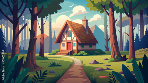 Vector illustration of a house with a thatched roof and a pathway in the middle of a forest