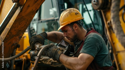 Driver mechanic checks hydraulic hoses of excavator Man in hard hat industrial worker : Generative AI © The Little Hut