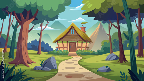 Vector illustration of a house with a thatched roof and a pathway in the middle of a forest