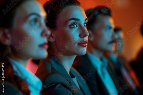 A row of audience of men and women in business suits listening intently to the speaker. Auditorium of listeners.