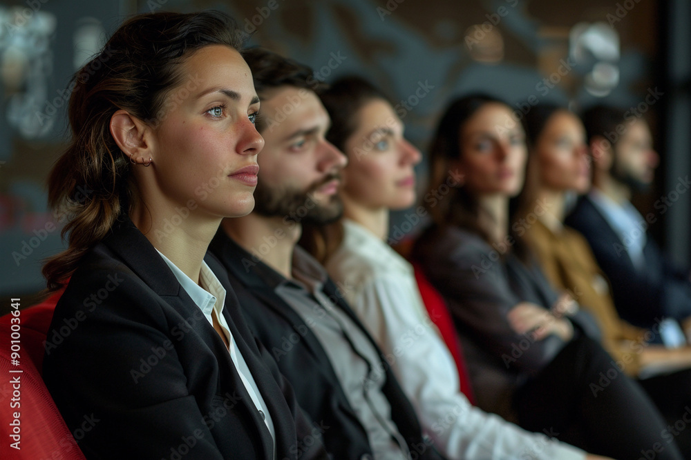 A row of audience of men and women in business suits listening intently to the speaker. Auditorium of listeners. A row of audience of men and women in business suits listening intently to the speaker. Auditorium of listeners.