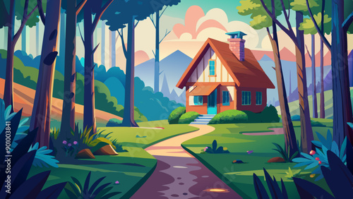Vector illustration of a house with a thatched roof and a pathway in the middle of a forest