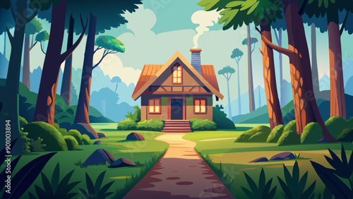 Vector illustration of a house with a thatched roof and a pathway in the middle of a forest
