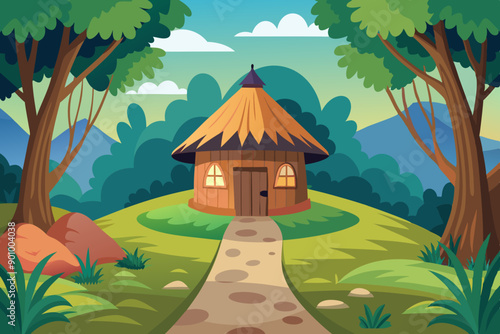 Vector illustration of a house with a thatched roof and a pathway in the middle of a forest