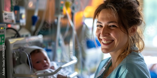 Portrait photo of a smiling midwife with a newborn baby, with advanced technology in the hospital